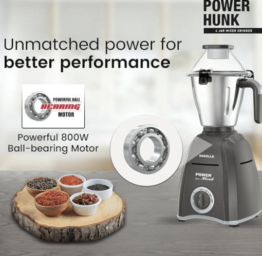 Havells Power Hunk (4 Jar) 800 watt Mixer Grinder with 3 Wider mouth Stainless Steel Jar, Hands Free operation, SS-304 Grade Blade & 7 year motor warranty (Grey) - Image 2
